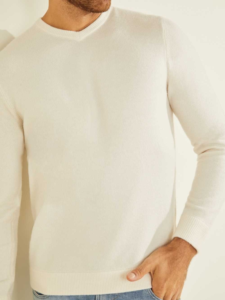 Cream White Men's GUESS Esmere Wool-Blend V-Neck Sweaters | USA51VYMAF