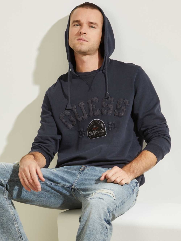 Dark Blue Men's GUESS Eco Murray Logo Hoodies | USA12RGWVT