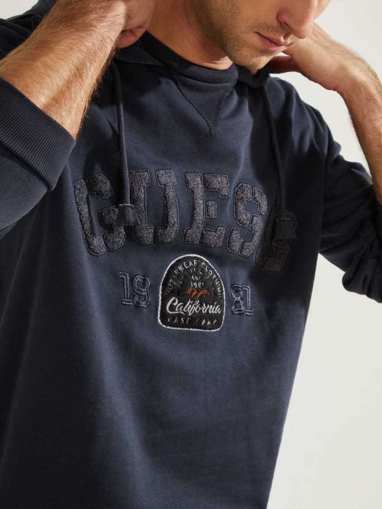 Dark Blue Men's GUESS Eco Murray Logo Hoodies | USA12RGWVT