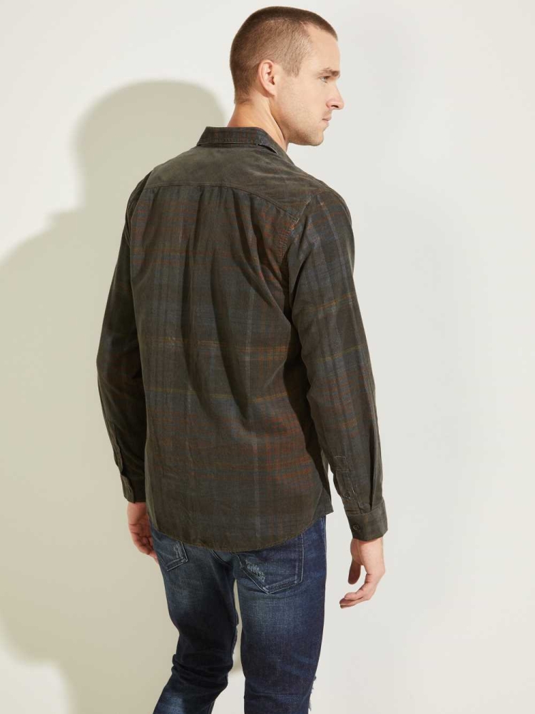 Dark Green Men's GUESS Lincoln Plaid Corduroy Shirts | USA28RMHDC