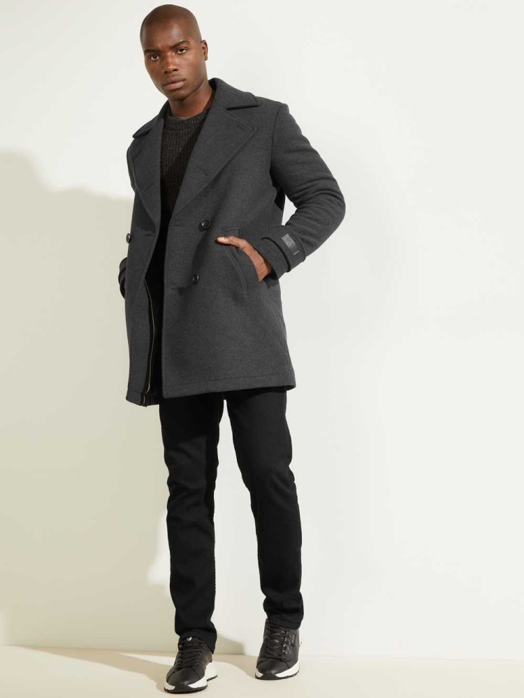 Dark Grey Men's GUESS Military Wool-Blend Coats | USA72JKQNC