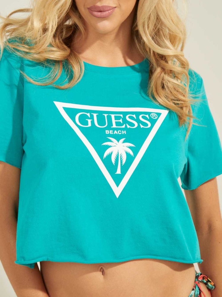 Deep Green Blue Women's GUESS Eco Printed Crop Top Swimwear | USA41QHEOF