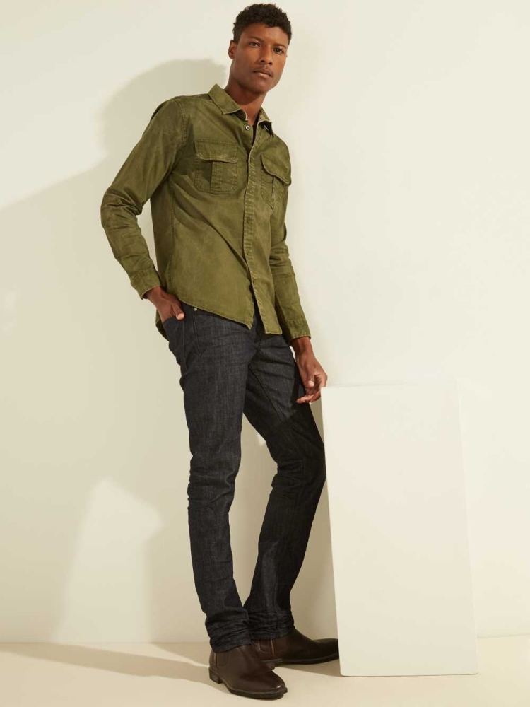 Deep Green Multicolor Men's GUESS Dusty Twill Washed Milton Shirts | USA60XSOQE