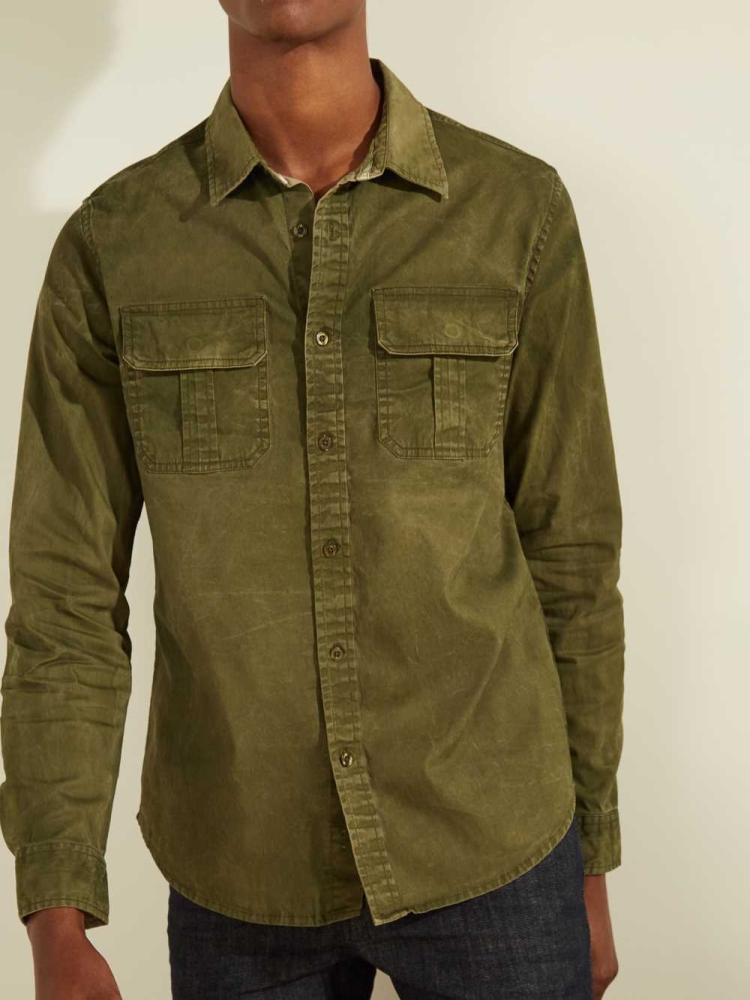 Deep Green Multicolor Men's GUESS Dusty Twill Washed Milton Shirts | USA60XSOQE