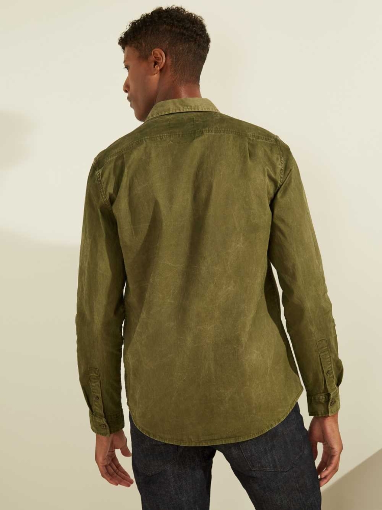 Deep Green Multicolor Men's GUESS Dusty Twill Washed Milton Shirts | USA60XSOQE