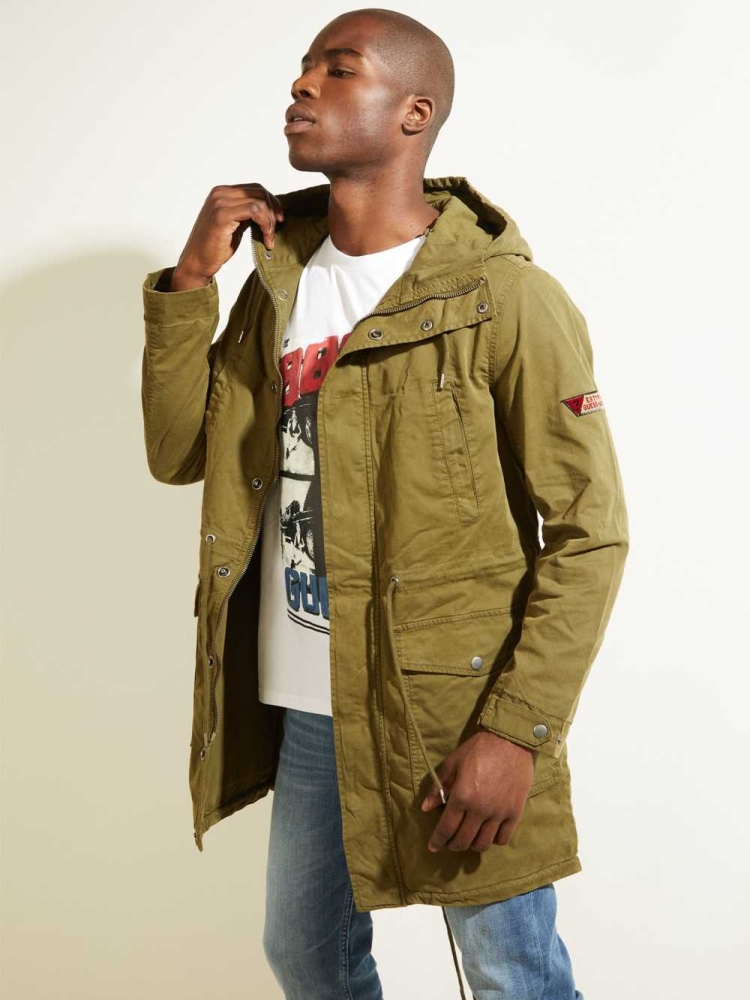 Deep Green Multicolor Men's GUESS Twill Parka Jackets | USA50GQWAK