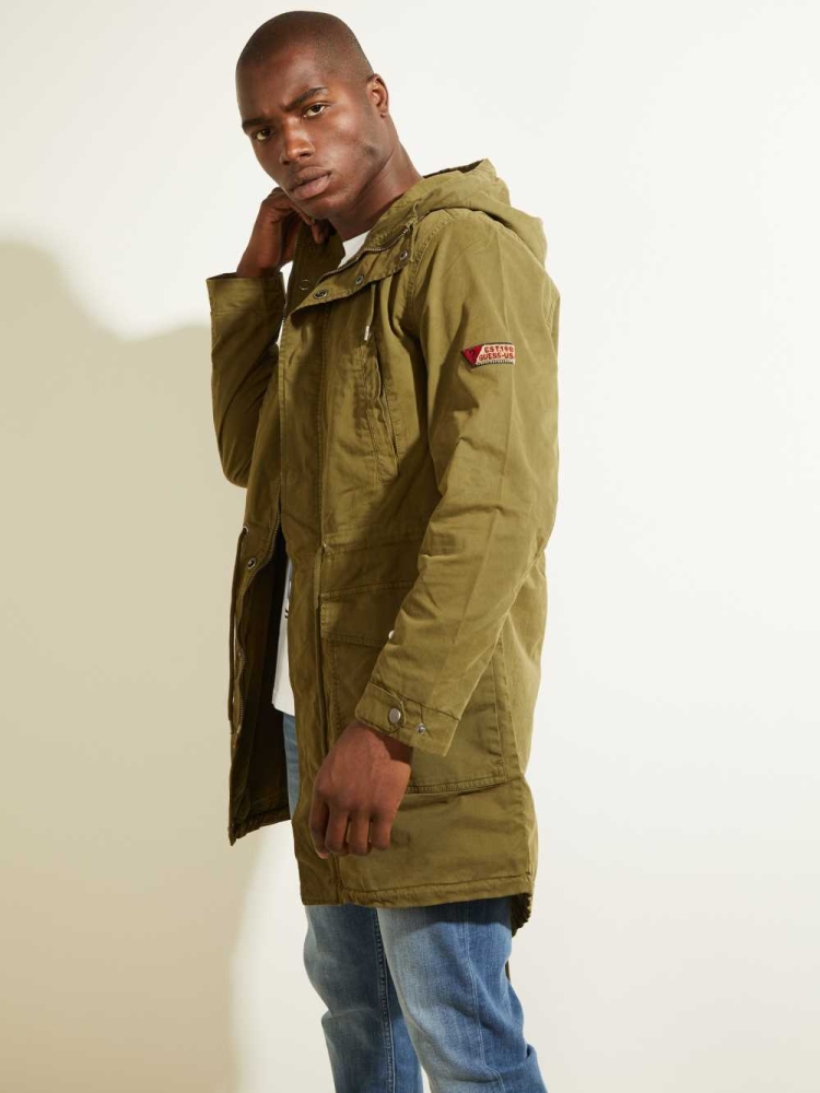 Deep Green Multicolor Men's GUESS Twill Parka Jackets | USA50GQWAK