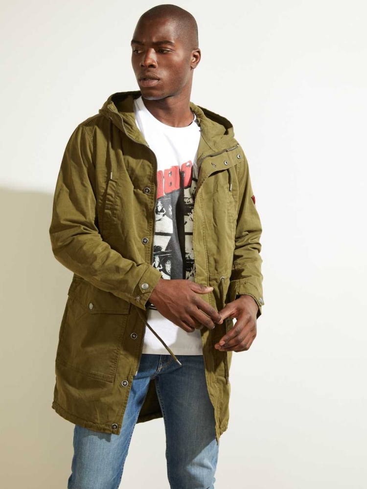 Deep Green Multicolor Men\'s GUESS Twill Parka Jackets | USA50GQWAK