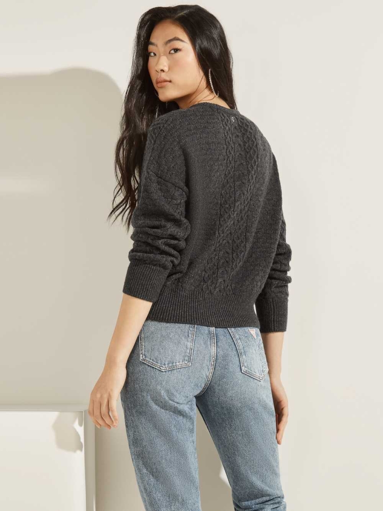 Deep Grey Women's GUESS Braya Cable Knit Sweaters | USA05PGJKT