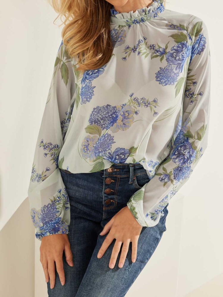 Flower Women's GUESS Floral Puff Sleeve Blouse | USA97PYHWT