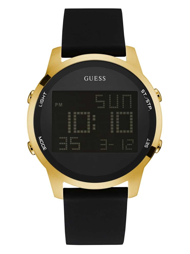 Gold Black Men\'s GUESS Black and Gold-Tone Digital Chronograph Watches | USA65NKIZU