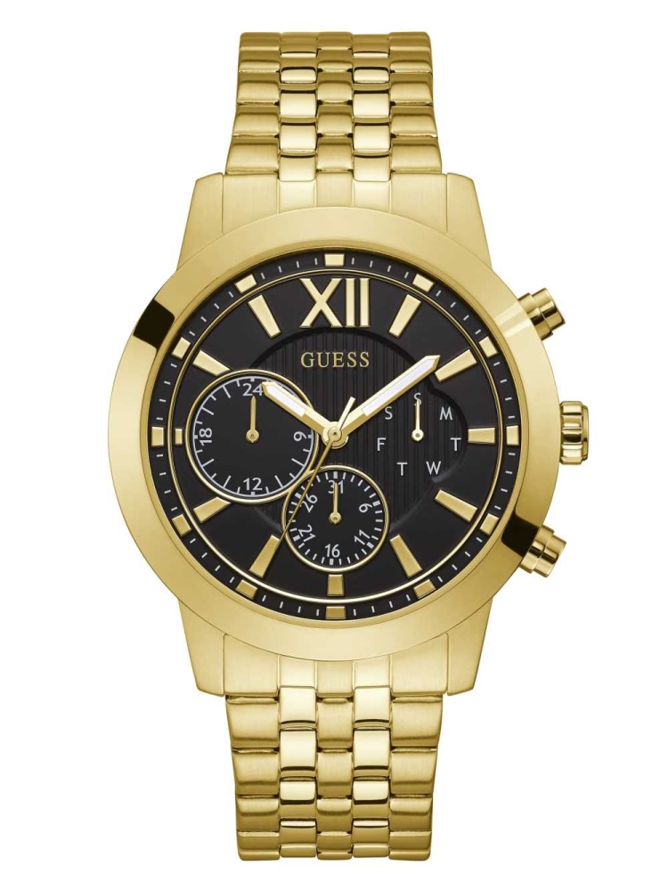 Gold Men\'s GUESS Black Gold-Tone Multifunction Watches | USA69QUCZH