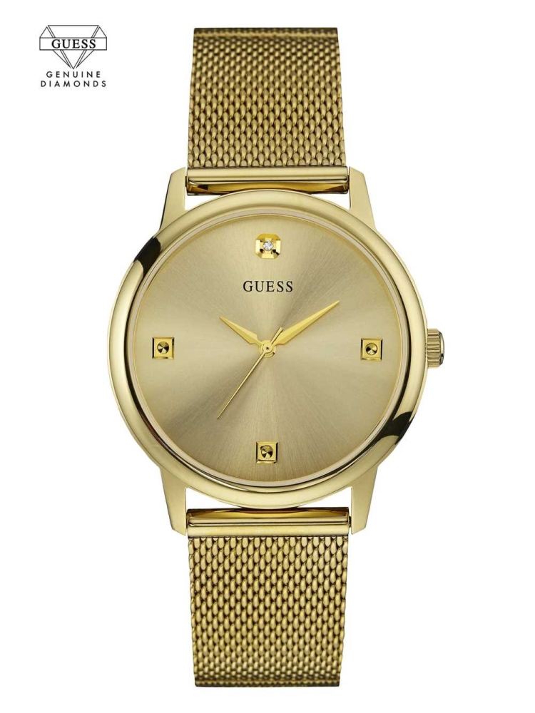 Gold Men\'s GUESS Gold-Tone Slim Mesh Diamond Watches | USA94IDETU