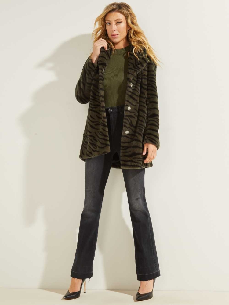 Green Black Women's GUESS Federica Faux-Fur Coats | USA86SWNPX