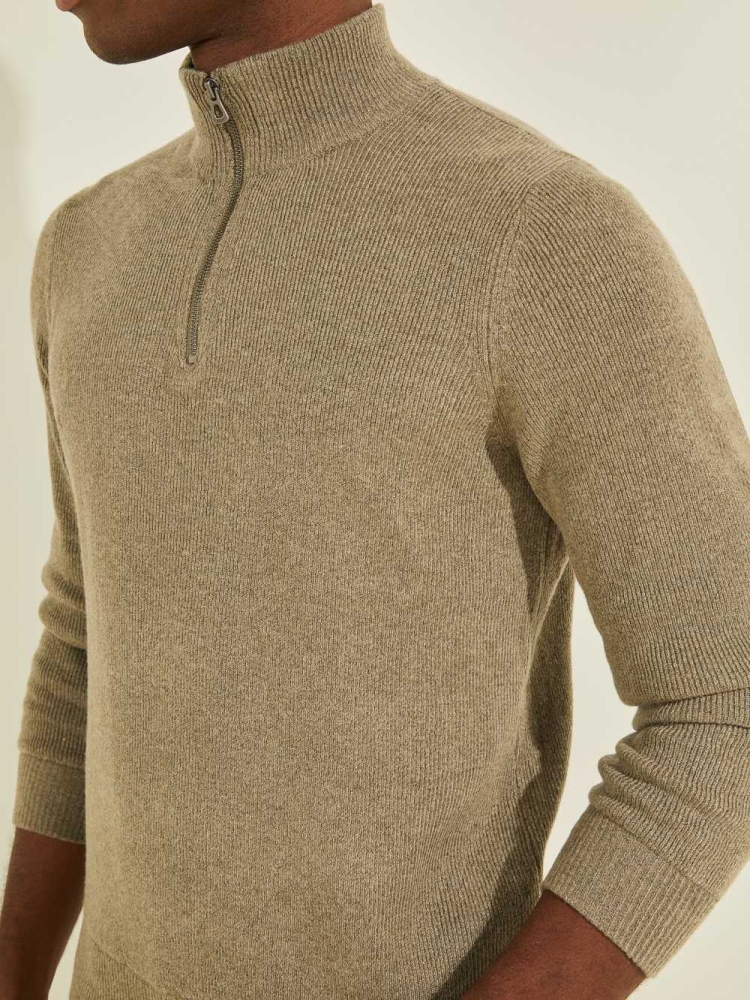 Green Men's GUESS Esmere Wool-Blend Zip Sweaters | USA07ZBKMI