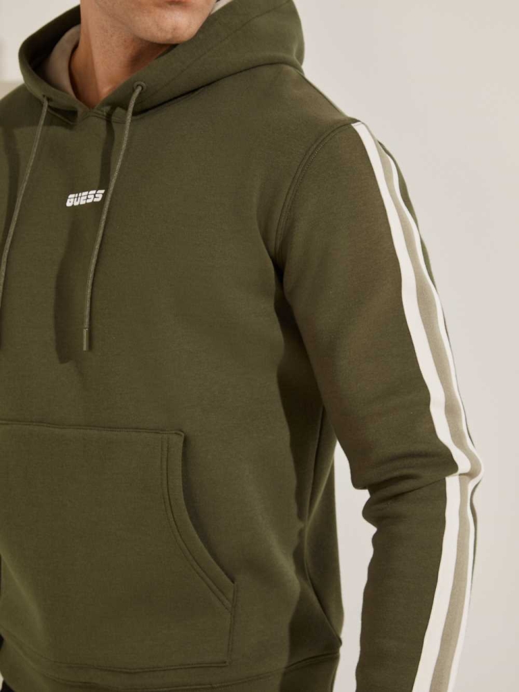 Green Men's GUESS Side Stripe Hoodies | USA76OXFNH