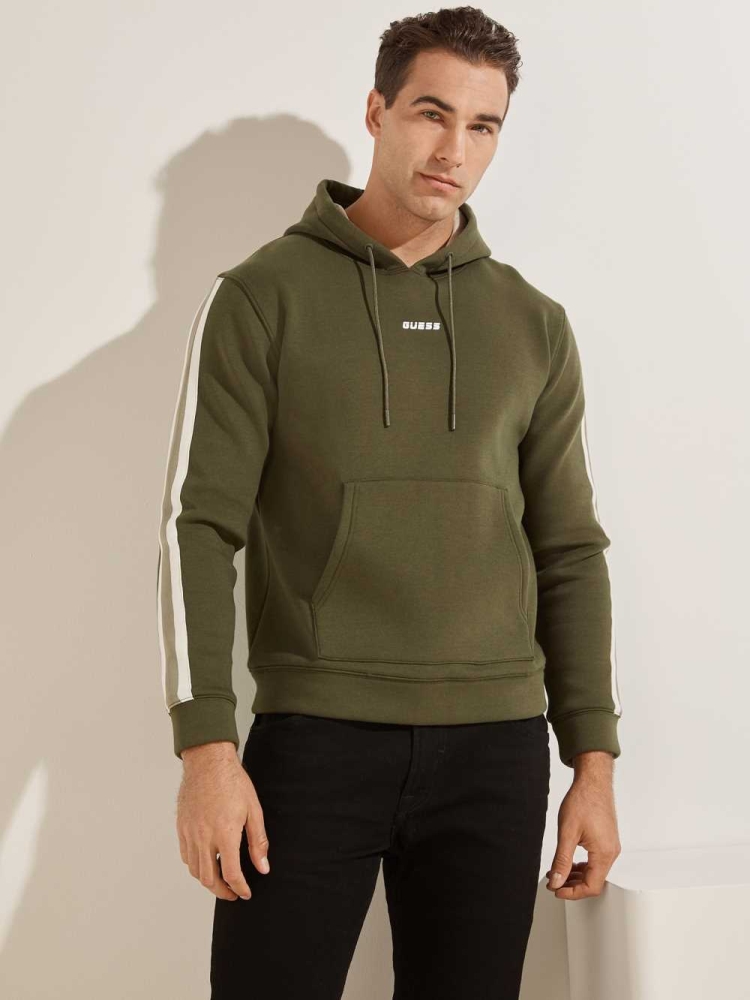 Green Men\'s GUESS Side Stripe Hoodies | USA76OXFNH