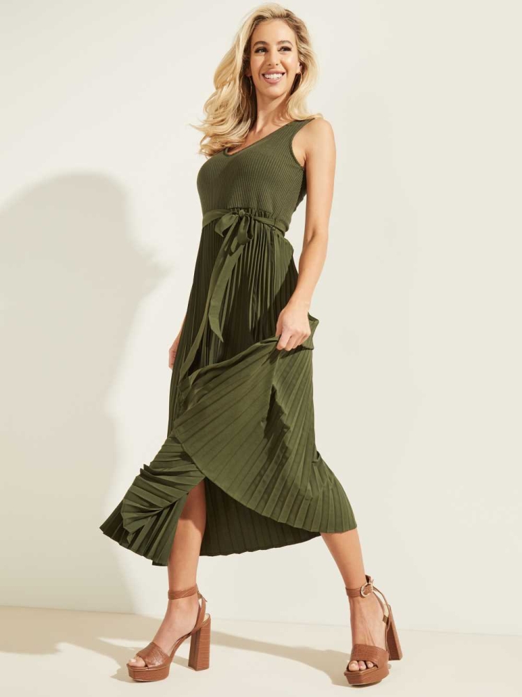 Green Women's GUESS Erynn Pleated Dresses | USA17NYLRA