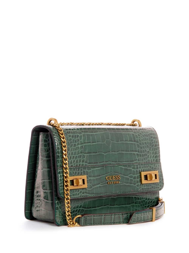 Green Women's GUESS Katey Croc Convertible Crossbodies | USA43AZKBG