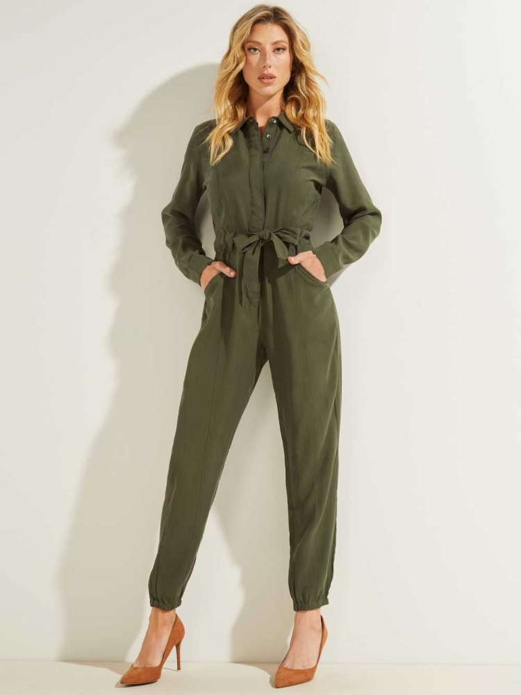 Green Women's GUESS Neva Sandwashed Jumpsuits | USA26QFGNC