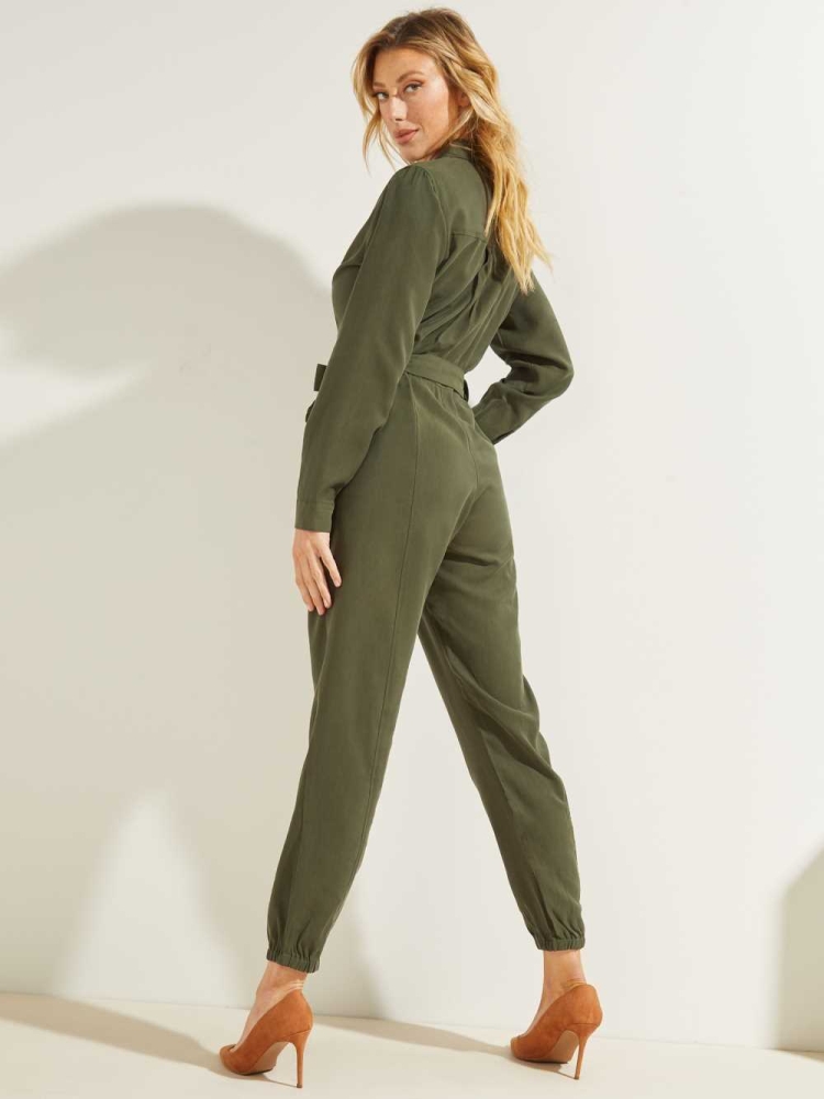 Green Women's GUESS Neva Sandwashed Jumpsuits | USA26QFGNC