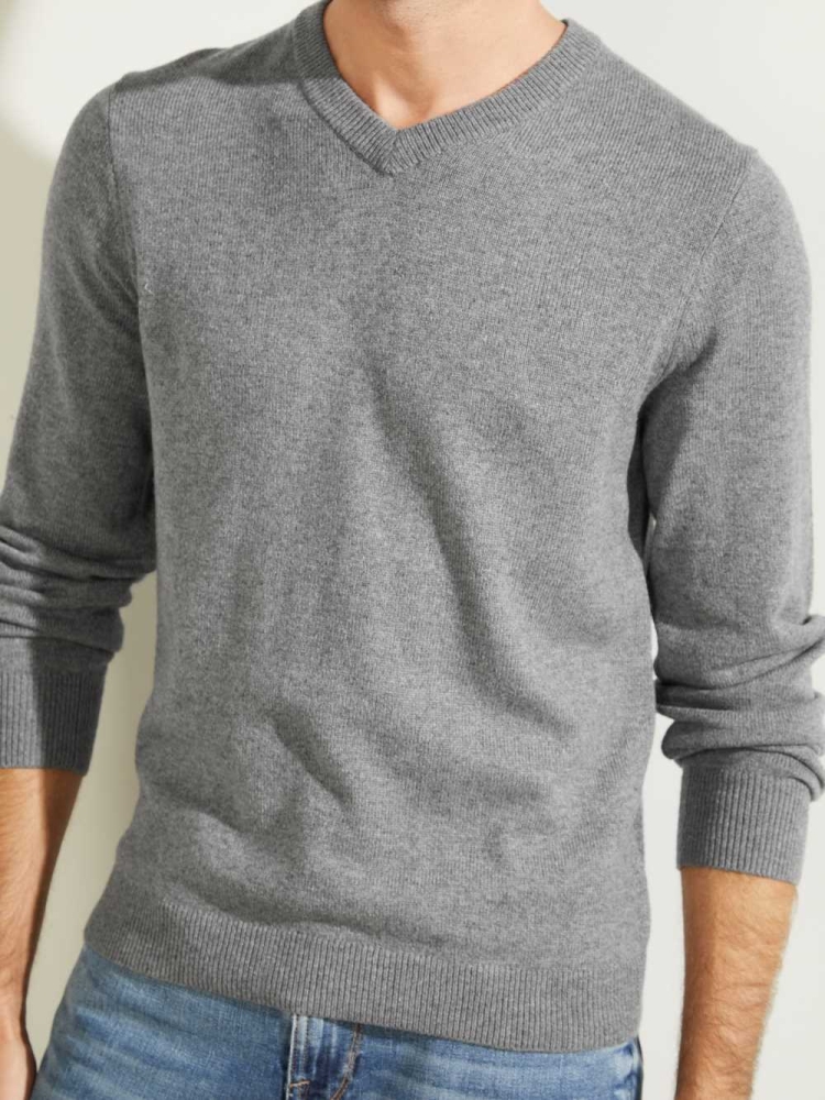 Grey Men's GUESS Owen V-Neck Sweaters | USA61NFHVA