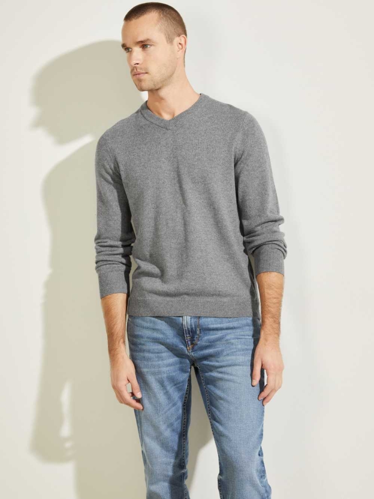 Grey Men\'s GUESS Owen V-Neck Sweaters | USA61NFHVA