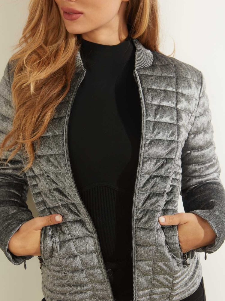 Grey Women's GUESS Vera Velvet Quilted Jackets | USA57BYOLF