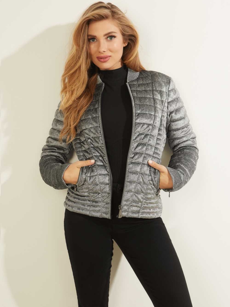 Grey Women\'s GUESS Vera Velvet Quilted Jackets | USA57BYOLF