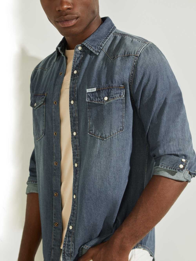 Indigo Men's GUESS Denim Western Shirts | USA71AYJLW