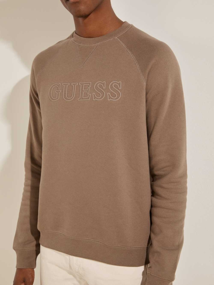 Khaki Men's GUESS Aldwin Crewneck Sweatshirt | USA75TJGPL