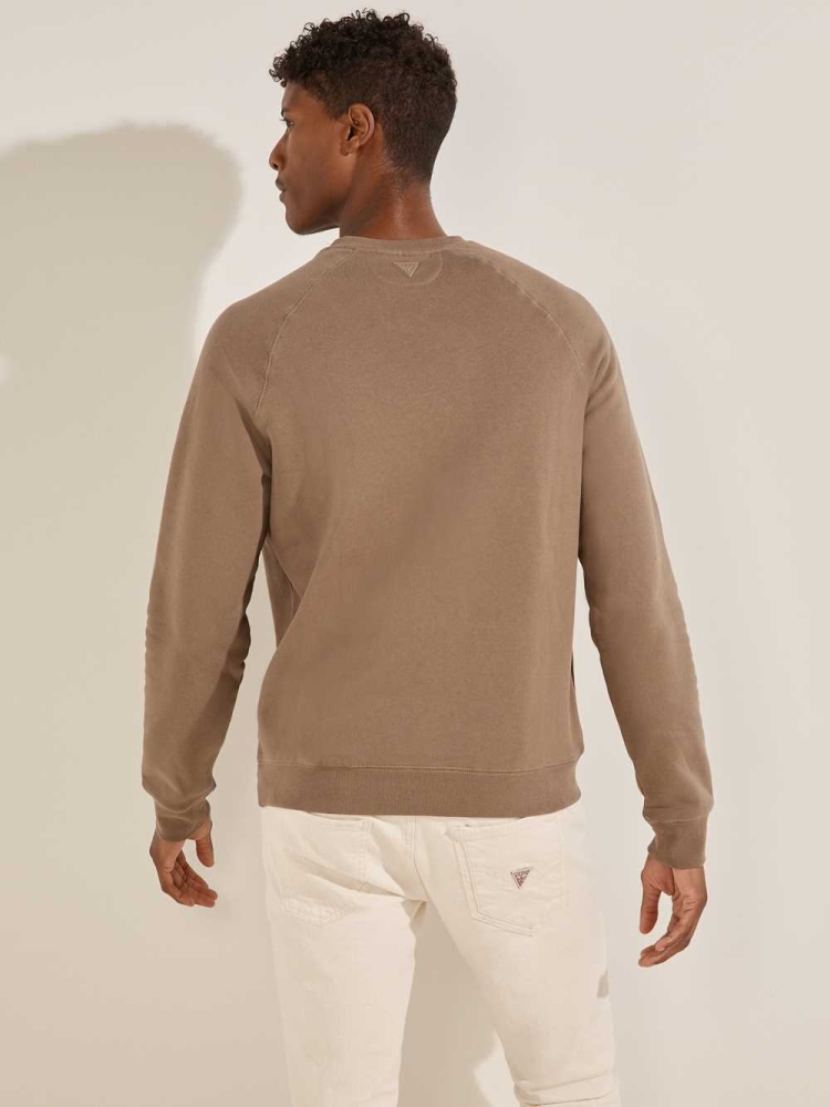 Khaki Men's GUESS Aldwin Crewneck Sweatshirt | USA75TJGPL