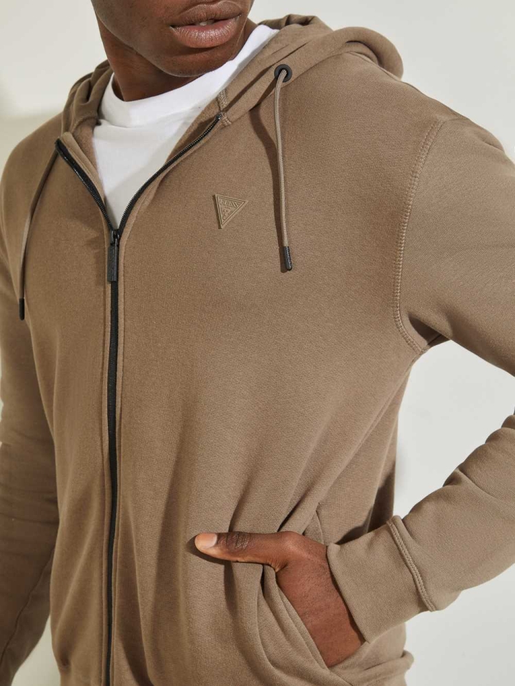 Khaki Men's GUESS Eco Aldwin Zip-Up Sweatshirt | USA76YEXGM