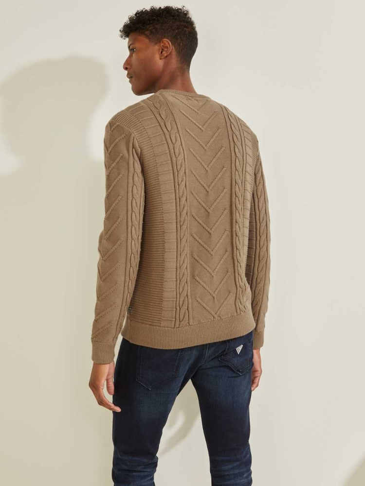 Khaki Men's GUESS Liam Mixed Cable Sweaters | USA30IOFDM