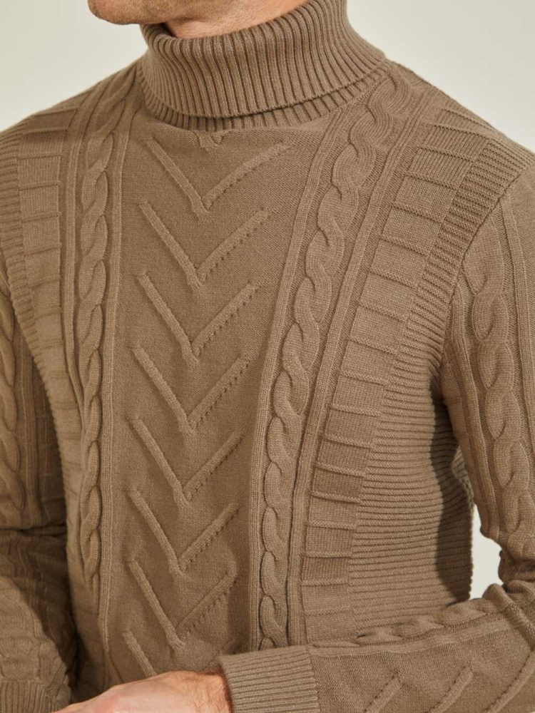 Khaki Men's GUESS Liam Mixed Cable Turtleneck Sweaters | USA12HYAUC