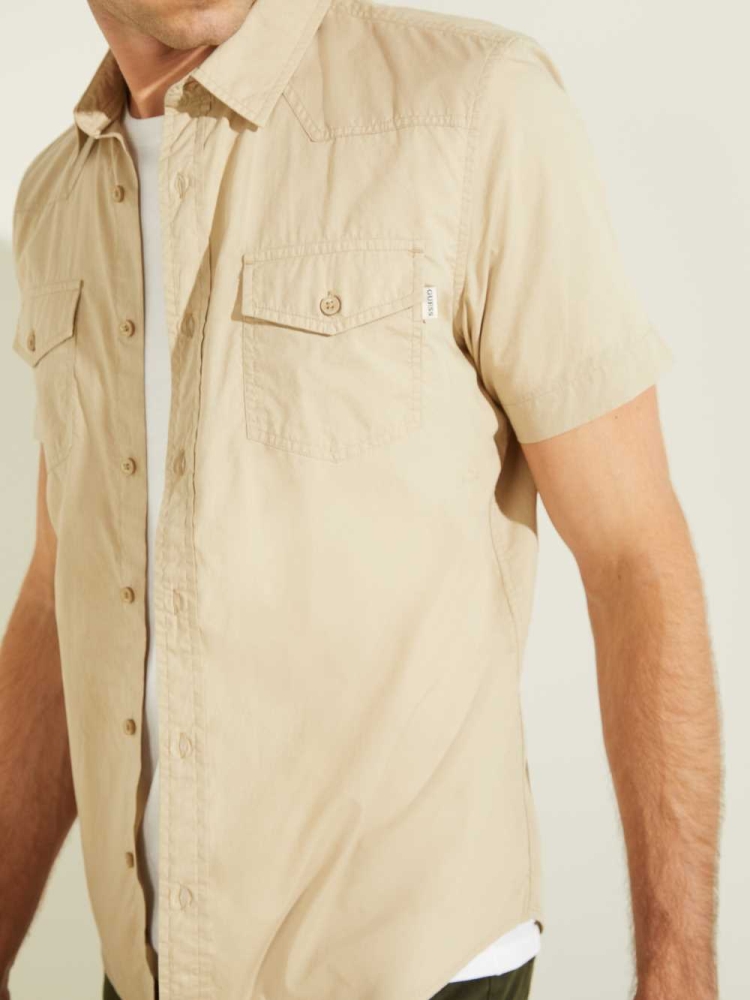 Khaki Men's GUESS Nottingham Western Shirts | USA35QFKIC