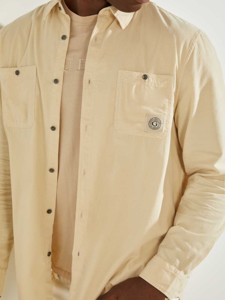 Khaki White Men's GUESS Collins Corduroy Shirts | USA72WIXTR