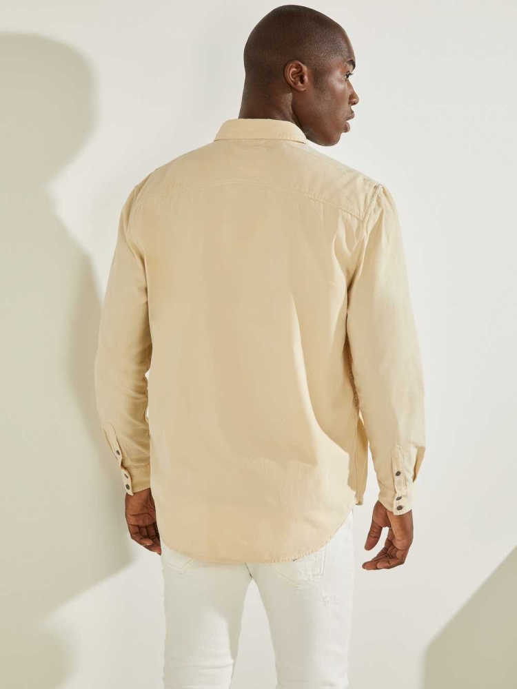 Khaki White Men's GUESS Collins Corduroy Shirts | USA72WIXTR