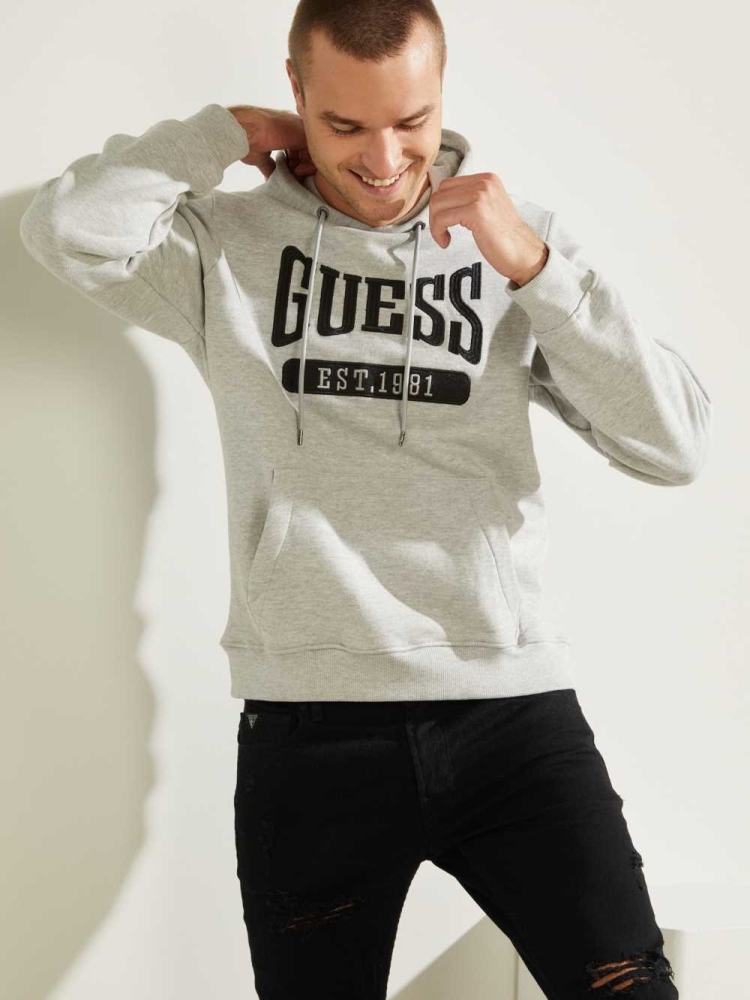 Light Grey Men's GUESS Logo Active Hoodies | USA76HGFPV