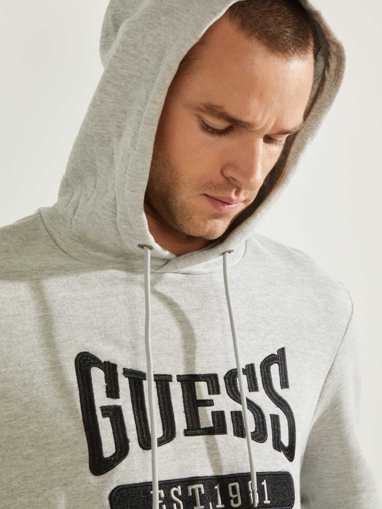 Light Grey Men's GUESS Logo Active Hoodies | USA76HGFPV