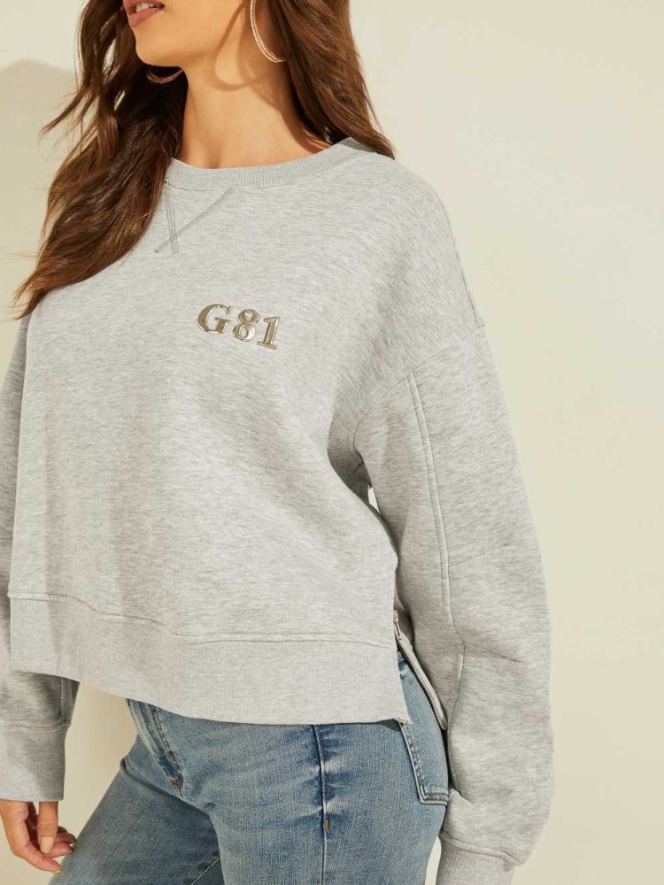 Light Grey Women's GUESS Cintia Logo Crewneck Sweatshirt | USA76UTEPG