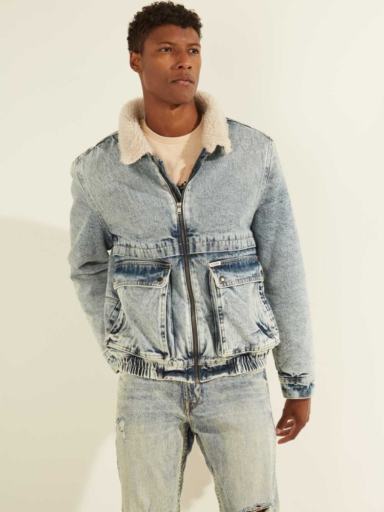 Light Indigo Men's GUESS Denim Bomber Jackets | USA92ZNYKG