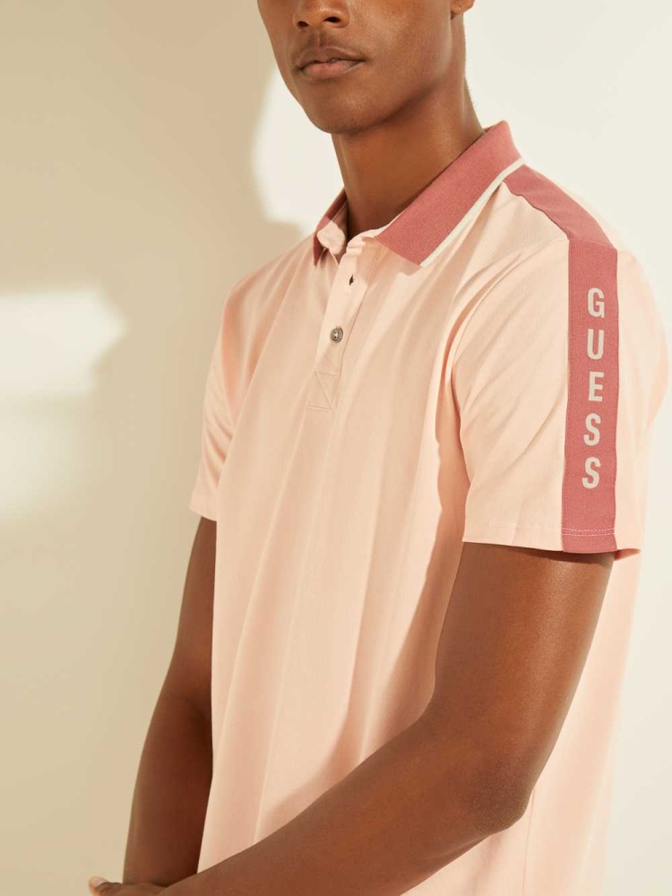 Light Pink Men's GUESS Pique Logo-Taping Polo Shirts | USA57CJYXL