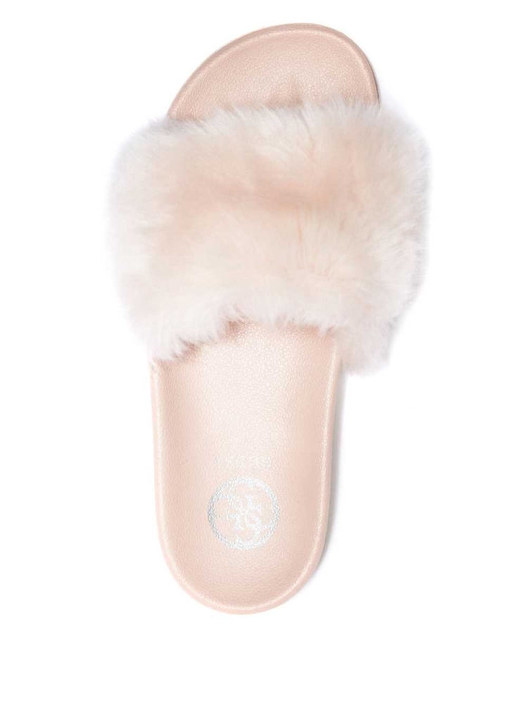 Light Pink Women's GUESS Buffie Leopard Faux-Fur Slide Slide Sandals | USA04LJBNE