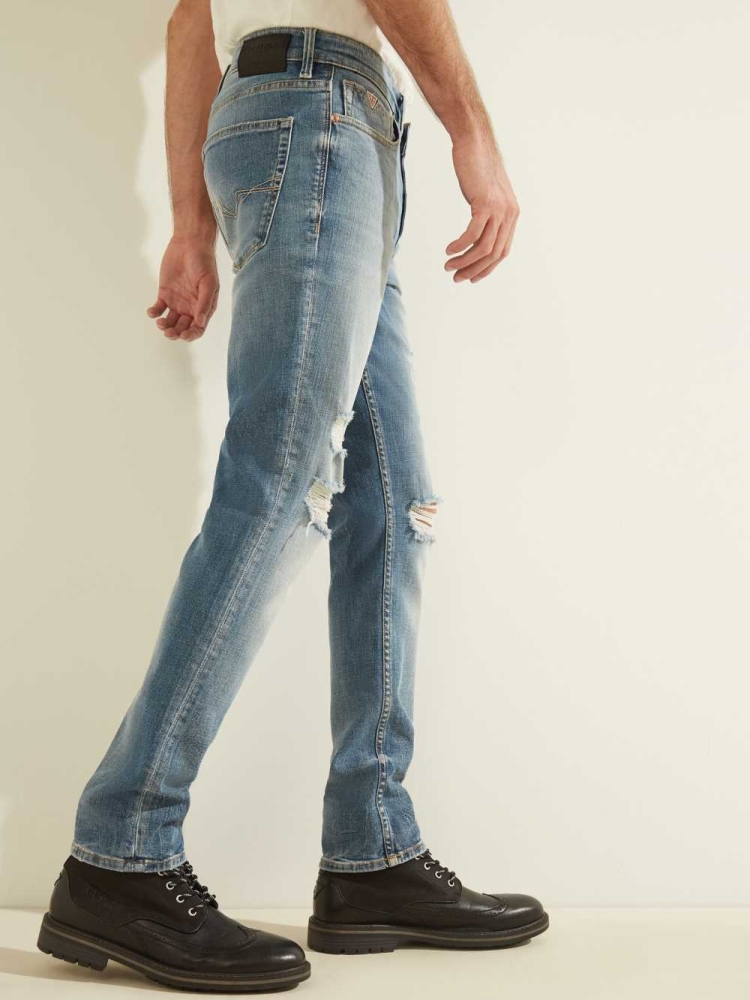 Light Wash Men's GUESS Distressed Slim Tapered Jeans | USA62LWUBQ