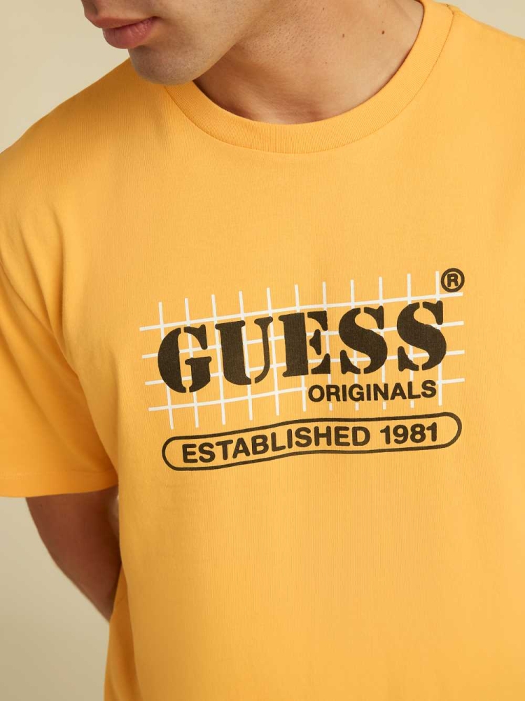 Mango Yellow Men's GUESS Originals Grid T-Shirts | USA28FGMQB