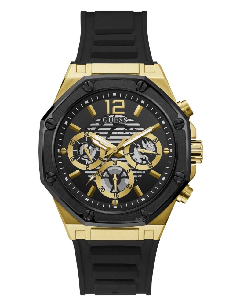 Multicolor Men\'s GUESS Black and Gold-Tone Multifunction Watches | USA60TANJW