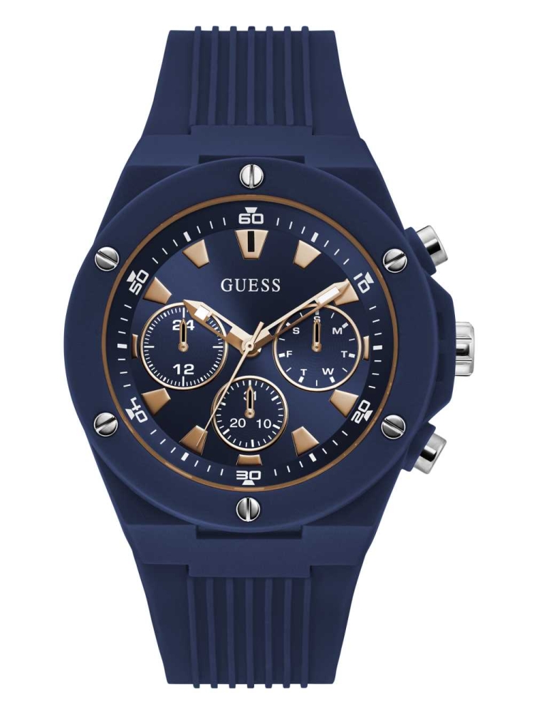 Multicolor Men\'s GUESS Rose Gold-Tone and Navy Silicone Multifunction Watches | USA45OKVTH