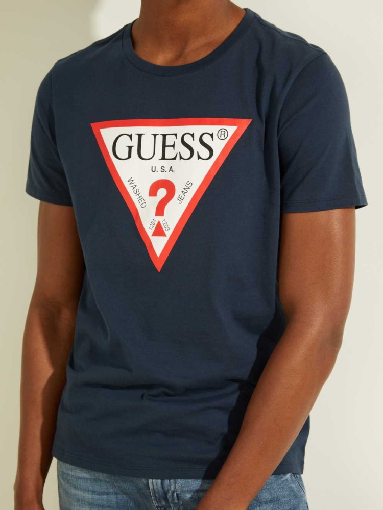 Navy Men's GUESS Classic Logo T-Shirts | USA13INSZM