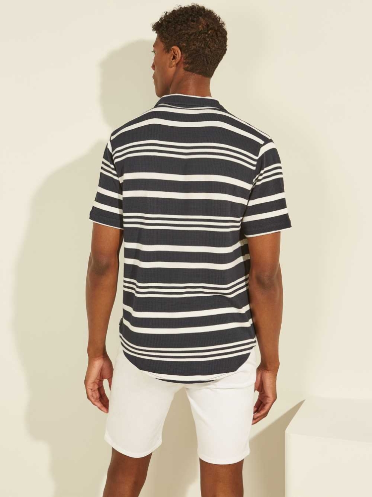 Navy Men's GUESS Leo Striped Shirts | USA25BMGWN